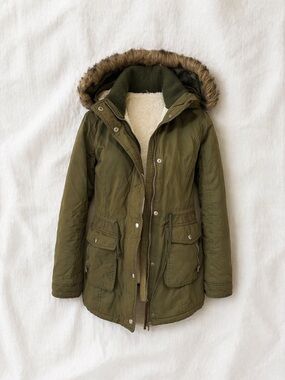 Hollister Olive Green Faux-Fur Trim Hooded Utility Jacket